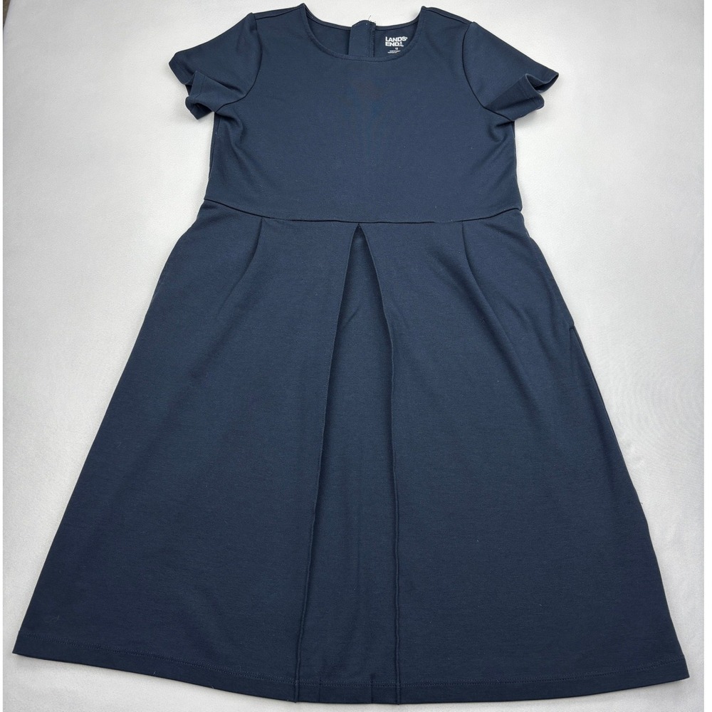 Lands End Girls Navy Blue Ponte Pleated Dress Size 12 Short Sleeve 527648